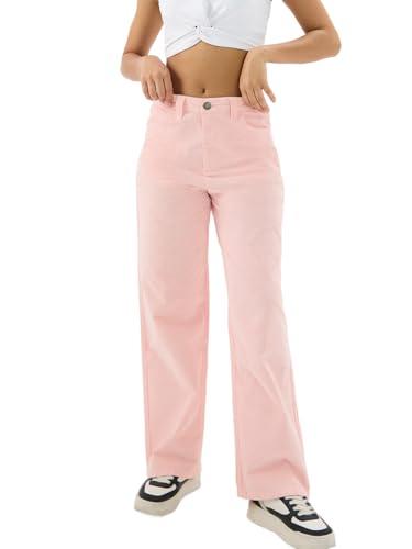 the souled store peachy pink women and girls buttoned cotton blend straight fit corduroy pants