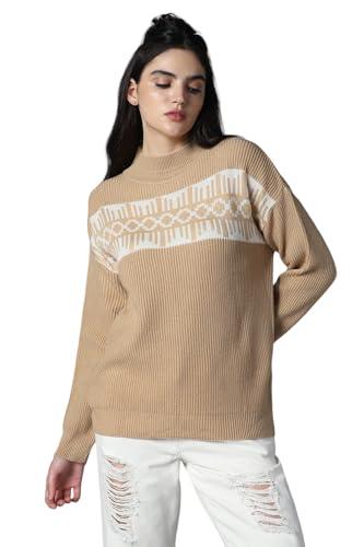 high star women's acrylic round neck sweater (hswsww23010_be_s_beige