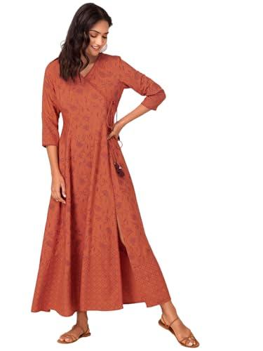 indya women's viscose regular orange floral print angrakha kurta (itn05958