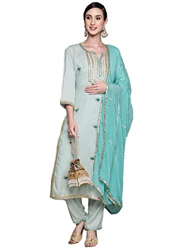 ishin women's viscose rayon embroidered a-line kurta suit set with dupatta & pants inwsd0494_sb_xl_green