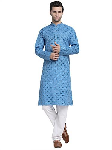 kraft india men cotton blue printed kurta pyjama (set size large)