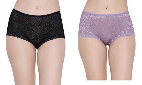 glamoras womens cotton lace net material low rise floral design panty with lace trim, size-medium, black light purple (pack of 2)