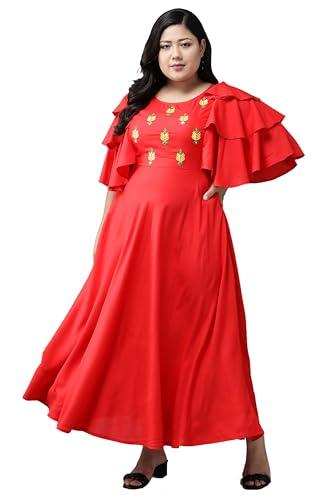 yash gallery women's plus size rayon embroidered flared dress for women (1070ykred_red_xxx-large)