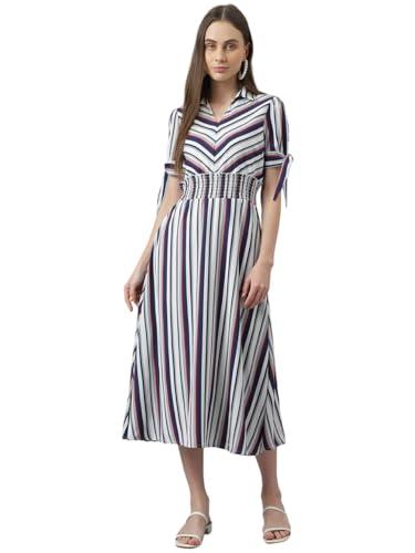 latin quarters women blue short sleeves shirt collar striped midi dress for casual wear_m