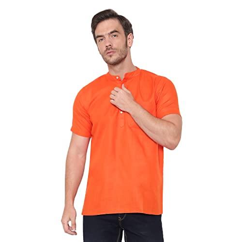 latest chikan men's cotton blend regular solid short kurta - casual ethnic wear orange