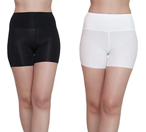 glamoras® women’s high waist ice silk stretchable seamless comfortable safety shorts boy short panties soft & comfy knitted under skirt shorts cycling and tights shorts size-l, black/white pack of 2