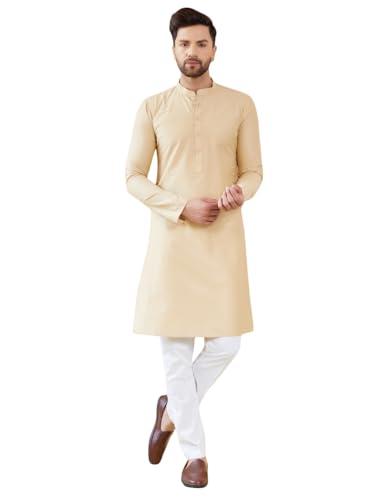 see designs men full sleeve side slit cream cotton solid straight mandarin collar kurta - sdkt2412s