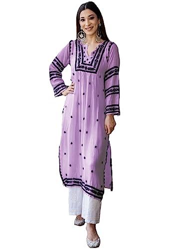 gosriki women's cotton blend chikankari embroidered straight kurta (stho-purple-gs_xxl_purple_xx-large)