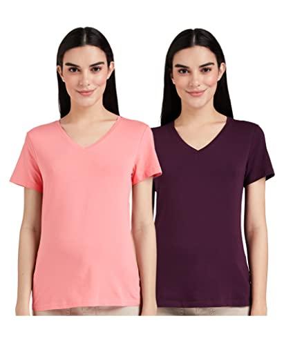 amazon brand - symbol women's solid regular fit half sleeve t-shirt (2vn19_pink&purple_xl) (combo pack of 2)