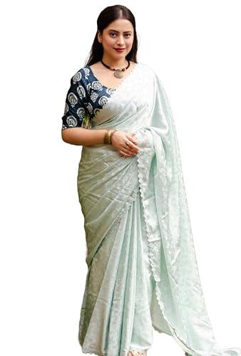 pandadi saree women's mint green soft crepe silk saree with contrast blouse piece.