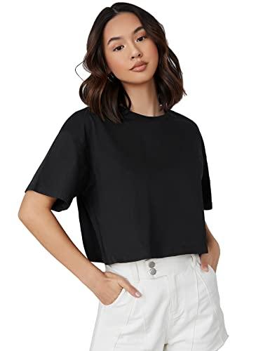 aahwan solid black basic oversized crop top/t-shirt for women's & girls' (201-black-m)