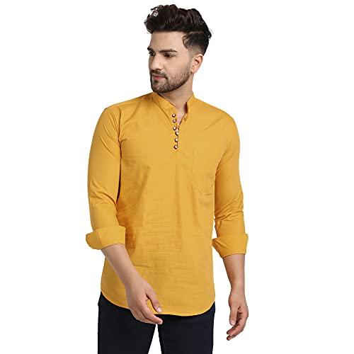 majestic man cotton solid casual short kurta for men (mustard,l)