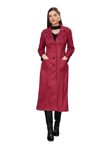 miss chase women's solid v-neck full sleeves patched pocketed polyester button down longline winter wear jacket (mcaw22jkt03-47-287-04, dark red, m)