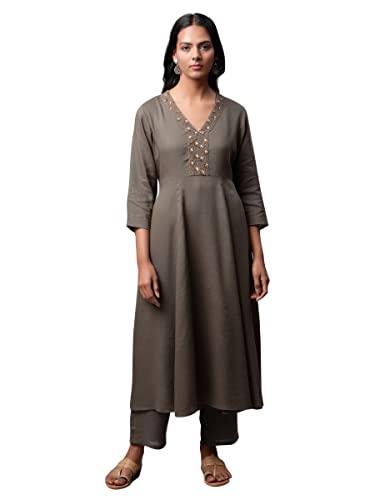 linen club woman olive sequinned anarkali kurta set (size: l)-lcwess222pooli0027