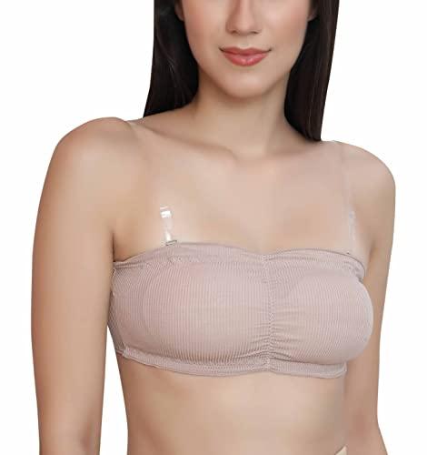 glamoras women nylon spandex padded wire free seamless strapless back hook tube bandeau bra with removable pads, free size, beige