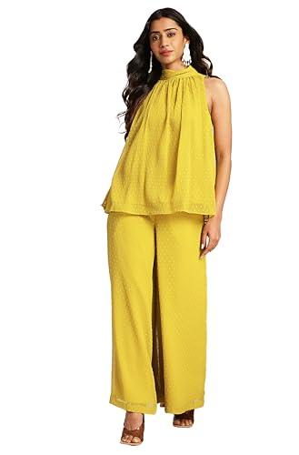 janasya women's yellow dobby chiffon solid co-ord set(set916-co-ord-m)