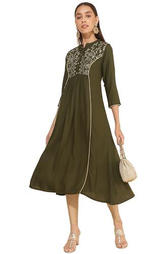 janasya women's olive rayon yoke embroidered a-line kurta(jne4312-kr-xl)