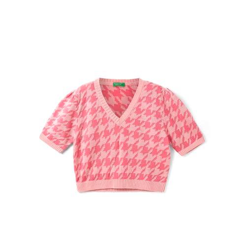 united colors of benetton girl's cropped fit v-neck houndstooth print sweater (size: 8-9 years)-23a1070q4008g03z pink