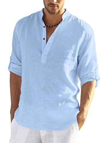 zombom men's cotton blend full sleeve short kurta shirt with mandarin collar (xx-large, sky blue)