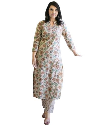 anni designer women's cotton blend straight printed kurta with pant (wide cream_m_cream_medium)