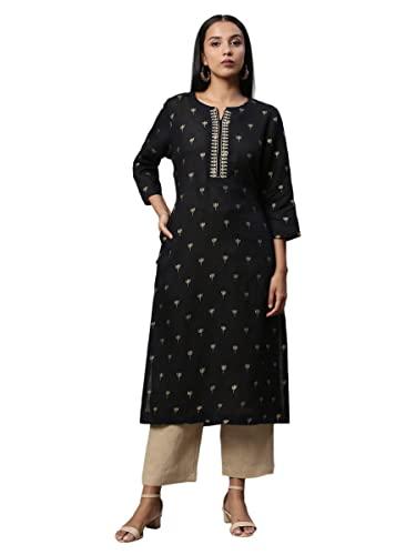 pure linen black gold embroidery kurta set for woman (size: xl)-lcweaw222poblk0136