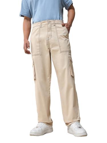 bewakoof men's solid oversized fit cotton blend cargo pants_609843_beige_36