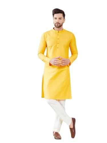 see designs men long sleeve side slit mandarin collar yellow cotton solid straight kurta - sdkt2483xl