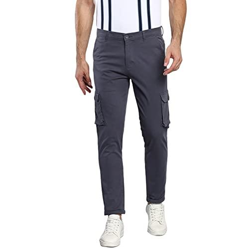 dennis lingo men's casual solid cotton tapered fit mid rise ankle length multi-pocket stretchable cargo pant/trousers (steel grey, 28)