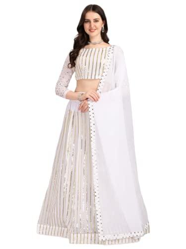 fashion basket women's gerogette semi stitched white lehenga choli