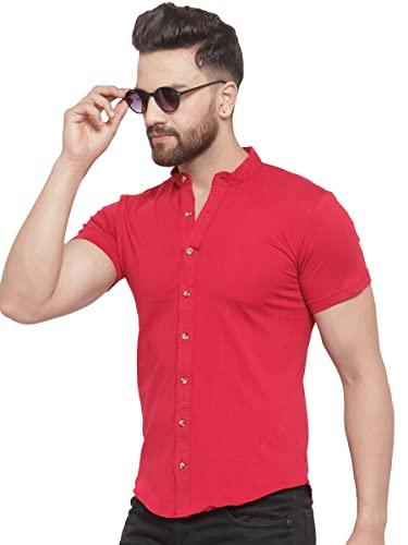 gespo men's red mandarin collar half sleeve casual shirt