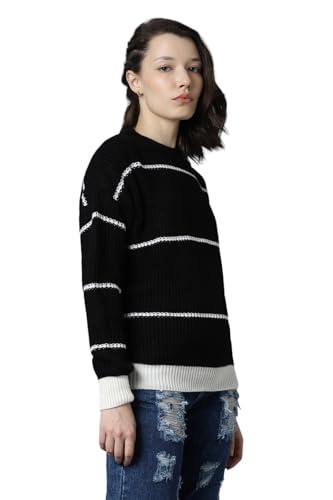 high star women's acrylic round neck sweater (hswsww23005_mc3_xl_black & white