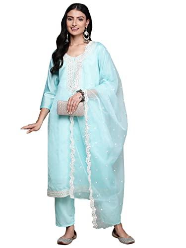 ishin women's turquoise embroidered mirrorwork silk straight kurta suit with trousers & dupatta