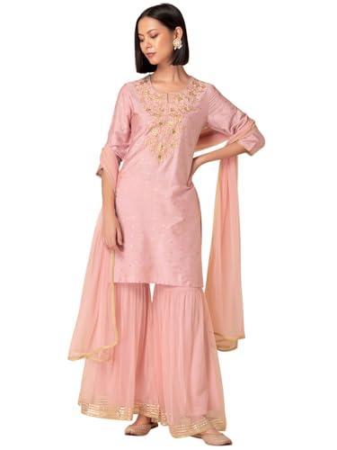 indya women's muslin pastel pink sharara with zari embroidered short kurta and dupatta (set of 3) (icd01085