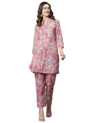 rytras women's cotton printed straight kurta and pant set(light pink,l)