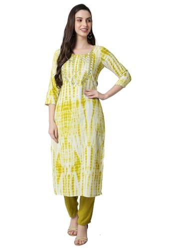 rytras women's tie & dye embroidered straight kurta(lime,m)