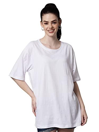 funday fashion women's pure cotton casual oversized round neck drop shoulder tshirt (medium, white)