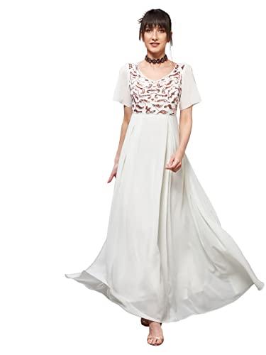 miss chase women's off white v-neck short slit sleeve embroidered georgette maxi dress (mcss22d06-49-114-03, off white, s)