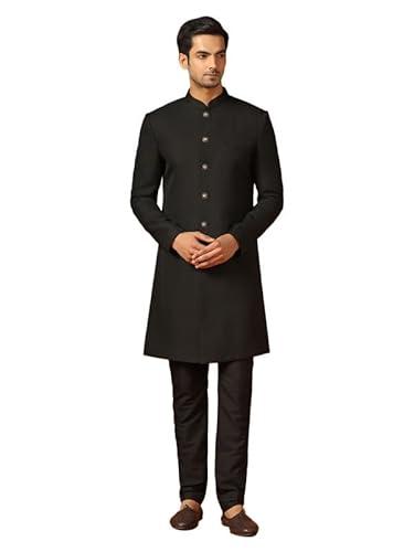 kisah men's indo western sherwani trouser set, black jacquard, woven design regular fit mandarin collar long sleeves (40)