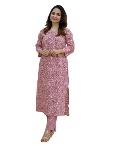 klosia women embroidery with printed kurta and pant set (x-large) pink