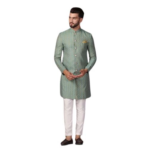 kisah men's indo western sherwani trouser set, blue cotton, jacquard regular fit mandarin collar long sleeves (xl)