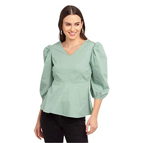 zink london green solid women's puff sleeve top