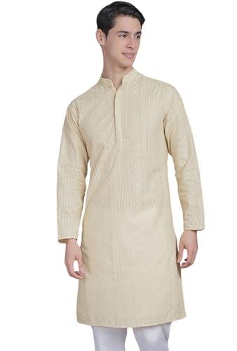 majestic man men cotton blend chikankari embroidered ethnic motifs double plaket regular kurta (large, beige)