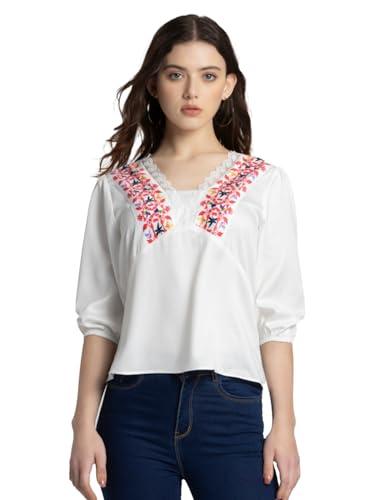 shaye white casual three-quarter sleeves v-neck floral printed top for women