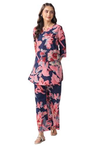 leriya fashion women ethnic kurta set | rayon co-ord set | fancy pajama set | pack of 2 | floral printed top & pant set | full pair set | a-line kurta set (xx-large, navy blue) lf-k-w1853&tr910