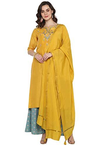 janasya women's poly muslin kurta with palazzo and dupatta (j0103_yellow_x-small)