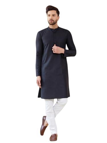 see designs full sleeve side slit black cotton solid straight mandarin collar kurta with pyjama - sdkt241101xs