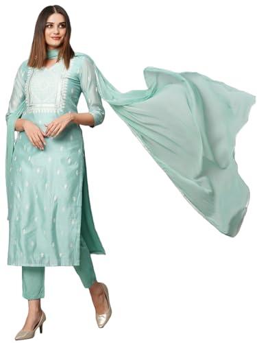 gosriki women's cotton blend floral straight kurta with pant & dupatta (sawre pista-gs l)