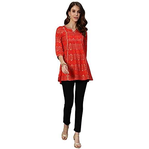 anubhutee women's rayon red gota patti geometric printed a-line kurti