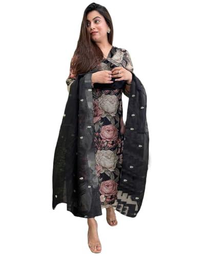 anni designer women's cotton blend straight printed kurta with pant & dupatta (poona black_xl_black_x-large)