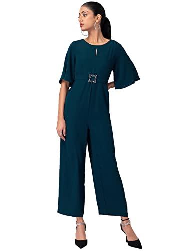 faballey teal blue flared sleeve jumpsuit with self fabric buckle belt